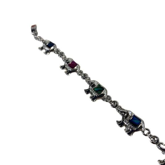 SJ Signed 8" Silver Tone Multicolor Abalone Elephant Link Bracelet - Picture 3 of 5